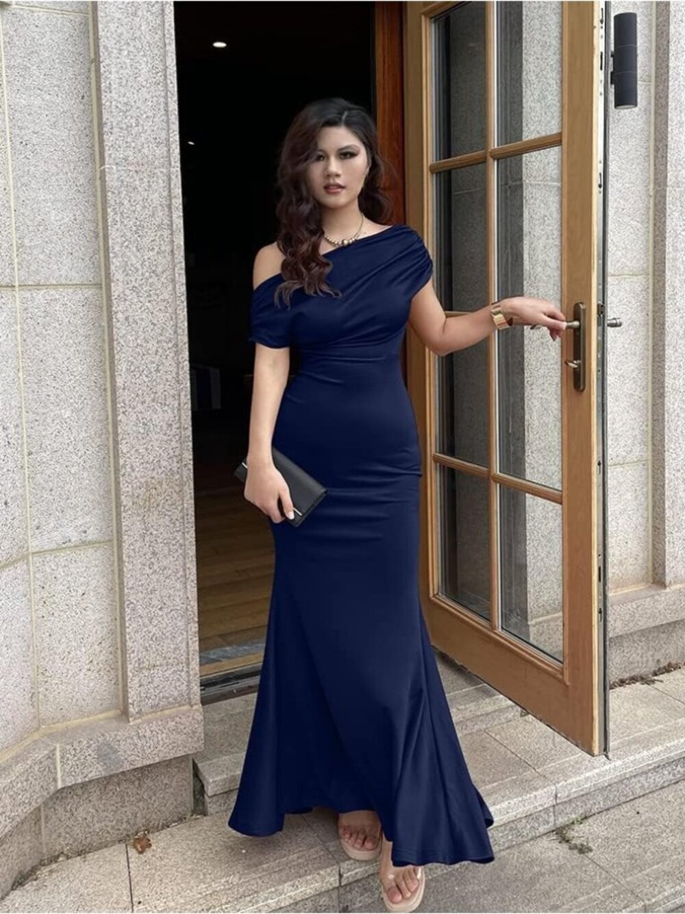 Women's Elegant Sleeveless Off Shoulder Bodycon Navy Long Formal Party Dress - Picture 7 of 7